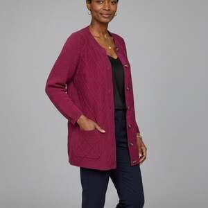 L.L.Bean Diamond Cable Knit Cardigan Sweater Magenta Pink Women's Size Medium